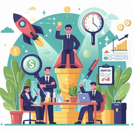 Business people working in office. Teamwork, success, startup concept. Vector illustration in flat styleのイラスト素材