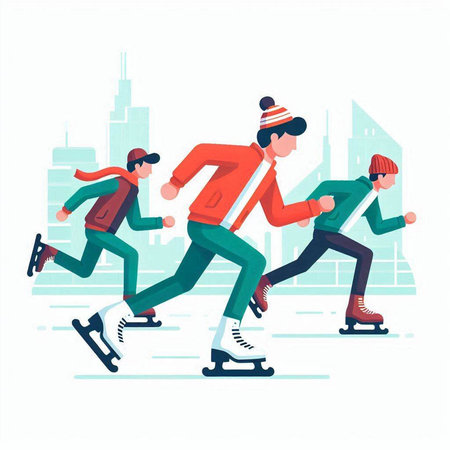 People ice skating on the ice rink in the city. Flat vector illustration.のイラスト素材