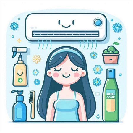 Vector illustration of a girl with long hair on the background of the air conditioner.のイラスト素材