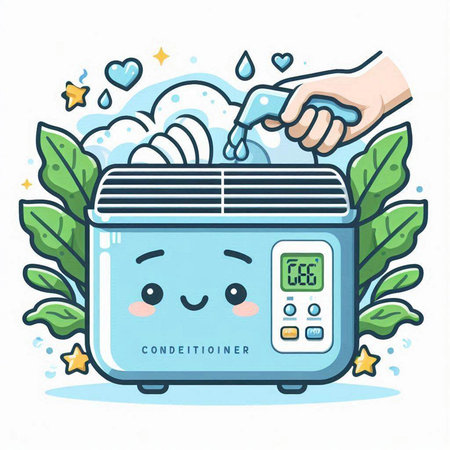 Illustration of a cute cartoon air conditioner with hands cleaning itのイラスト素材