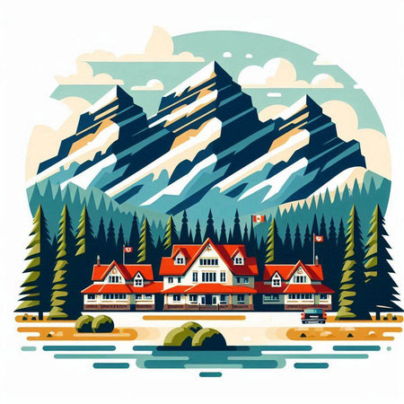 Mountains, forest, lake, house. Vector illustration in flat styleのイラスト素材