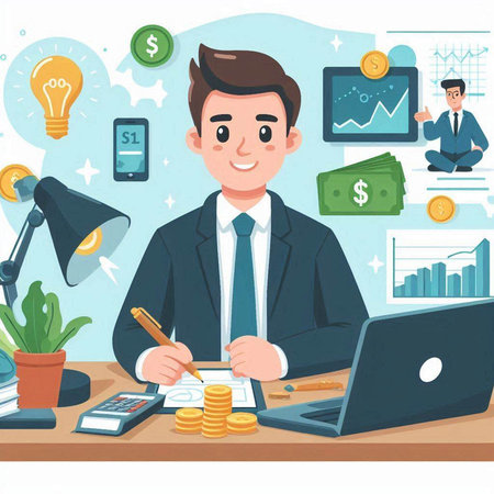 Businessman working in office. Vector illustration in flat cartoon style.のイラスト素材