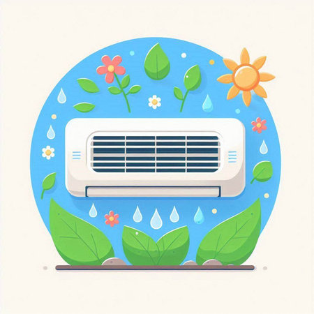Air conditioner with green leaves and flowers. Flat style vector illustration.のイラスト素材