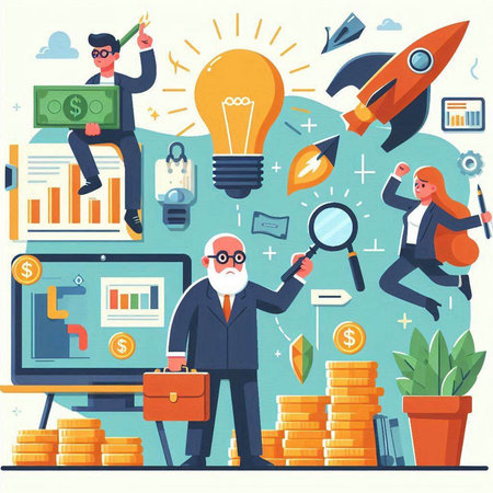 Flat design modern vector illustration concept of business, finance, teamwork, brainstorming, brainstorming. Businessman and businesswoman working on a project together.のイラスト素材