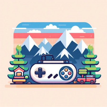 Game console on the background of mountains. Flat style vector illustration.のイラスト素材
