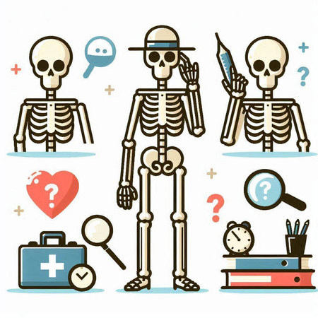 Skeleton with set of icons in cartoon style. Vector illustration.のイラスト素材