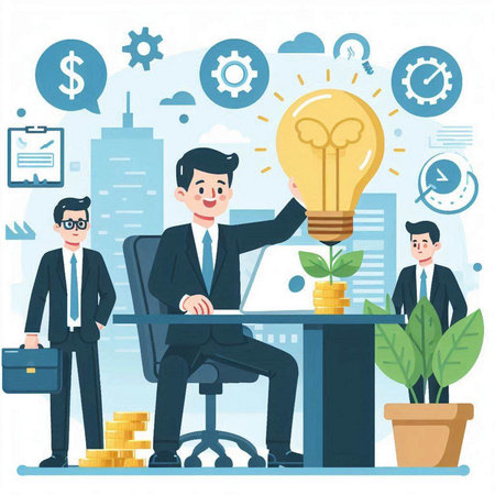 Businessman thinking about new idea, brainstorming, brainstorming. Vector illustrationのイラスト素材