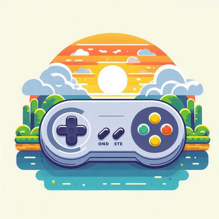 Retro videogame controller on sunset background. Vector illustration in flat styleのイラスト素材