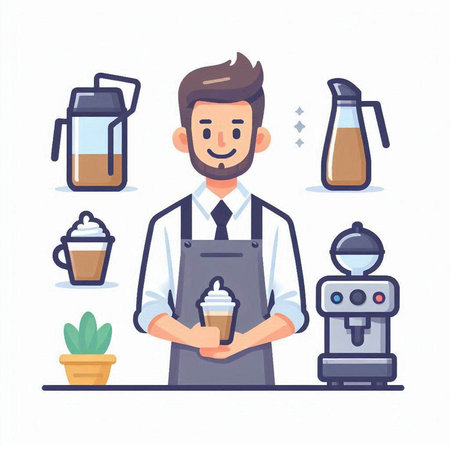 Barista with a cup of coffee. Vector illustration in flat styleのイラスト素材