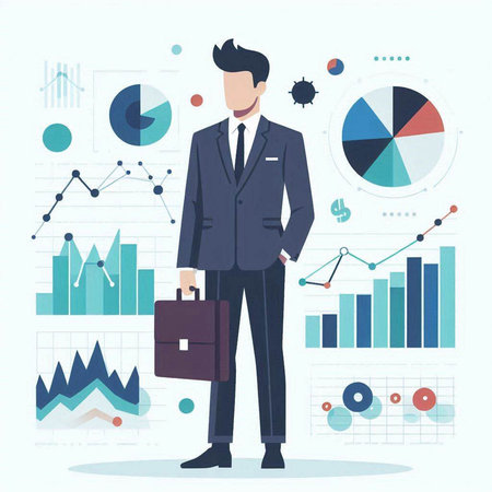 Businessman with a briefcase and financial charts. Vector illustration.のイラスト素材