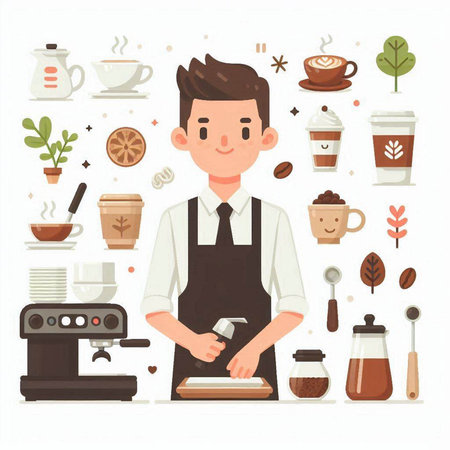 Coffee shop, cafe, restaurant, barista, coffeehouse, cafe worker. Vector illustration.のイラスト素材