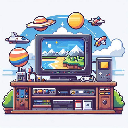 Retro TV set with video game elements. Vector illustration in cartoon style.のイラスト素材