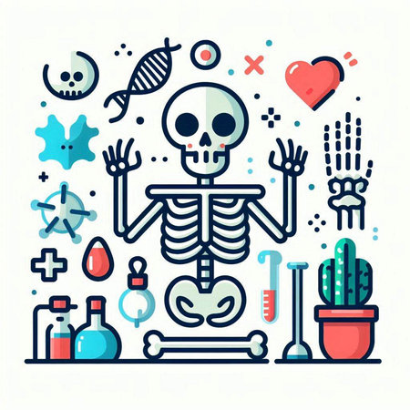 Flat line art design vector illustration of skeleton and medical icons.のイラスト素材