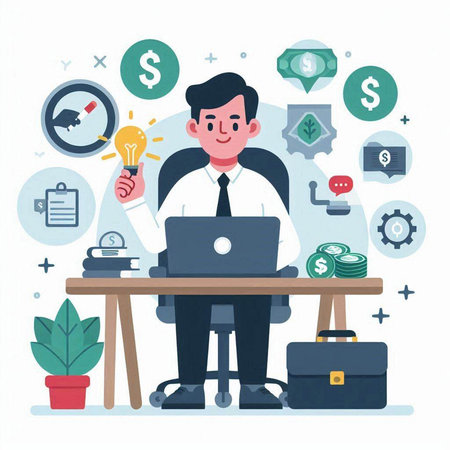 Businessman sitting at the desk and working with laptop. Flat style vector illustration.のイラスト素材