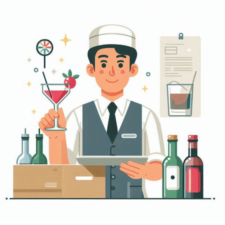 Bartender at work. Vector illustration in flat cartoon style.のイラスト素材
