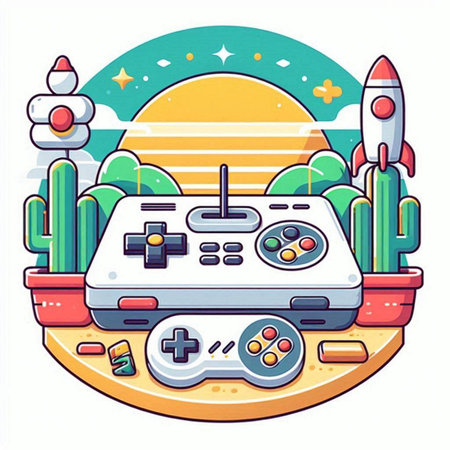 Gamepad in the desert. Vector illustration in flat cartoon style.のイラスト素材