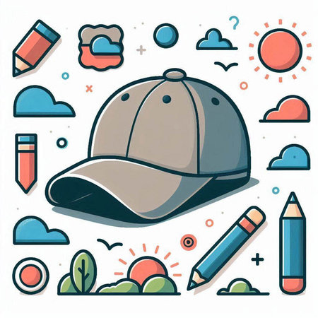 Baseball cap and pencils in flat style. Vector illustration.のイラスト素材