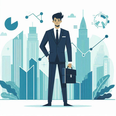 Vector illustration of a successful businessman standing on the background of the cityのイラスト素材