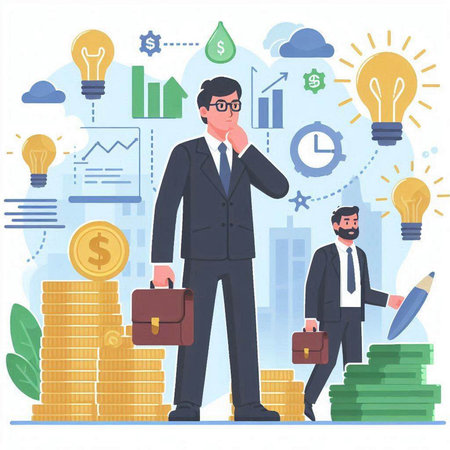 Businessman thinking about money on the background of business icons. Vector illustrationのイラスト素材