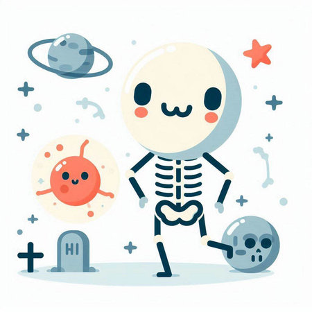 Cute skeleton and the planets. Vector illustration in cartoon style.のイラスト素材