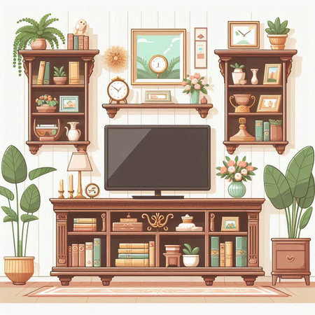 Living room interior with furniture, bookshelf, tv and plants. Vector illustration.のイラスト素材