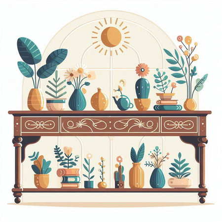 Vintage shelf with flowers and plants. Vector illustration in flat styleのイラスト素材