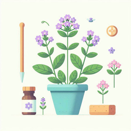 Flower pot with purple flowers and a wooden stick. Vector illustration.のイラスト素材