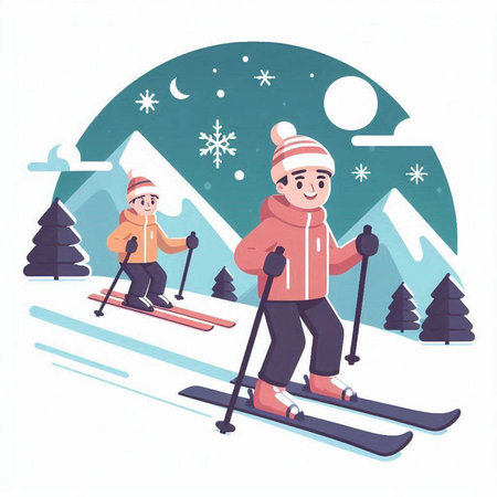 Man and woman skiing in the mountains. Flat style vector illustration.のイラスト素材
