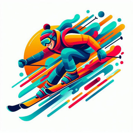 Vector illustration of a skier on a background of colorful stripes.のイラスト素材