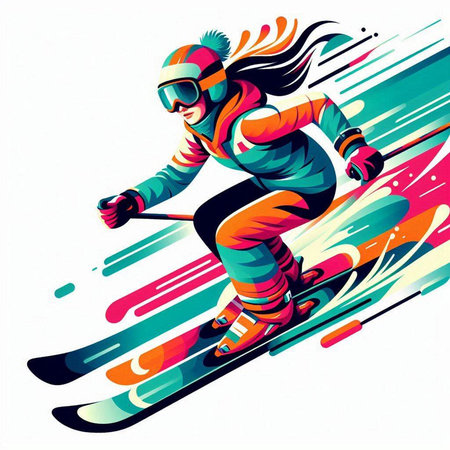 Skiing girl. Vector illustration. Colorful abstract background.のイラスト素材