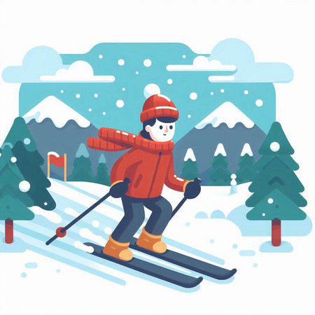 Vector illustration of a boy skiing in the mountains. Flat style.のイラスト素材