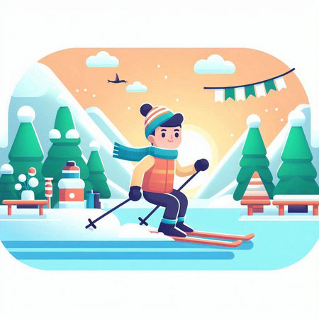 Cartoon skier in the winter forest. Vector illustration in flat styleのイラスト素材