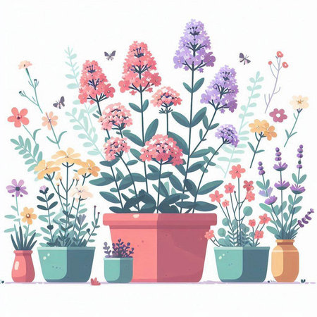 Flowers in pots. Floral background. Flat vector illustration.のイラスト素材