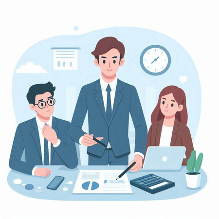 Businessman and businesswoman working together in office. Vector illustration.のイラスト素材