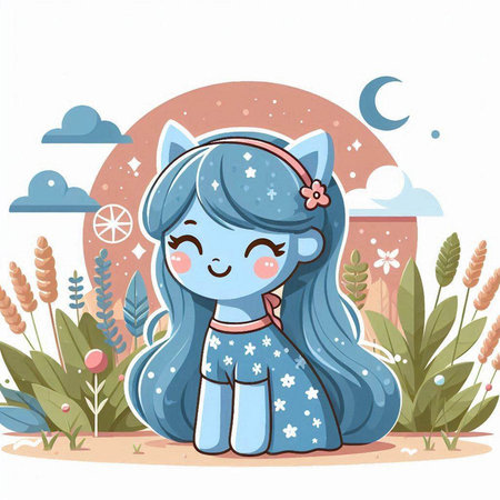 Cute cartoon girl in blue dress on the background of the moonのイラスト素材