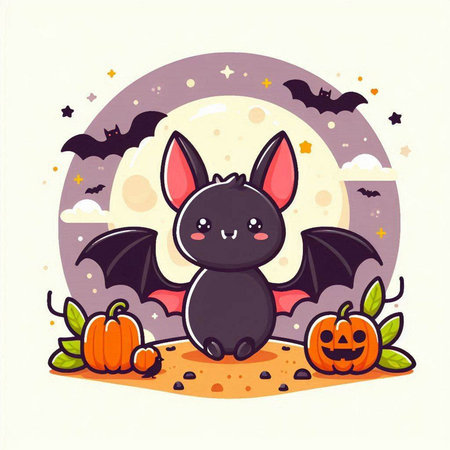 Cute cartoon bat with pumpkins on Halloween. Vector illustration.のイラスト素材