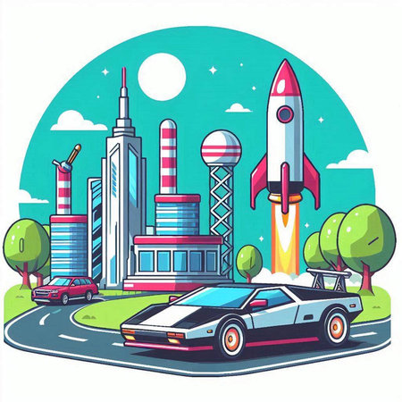 Rocket and car on the road in the city. Vector illustration.のイラスト素材