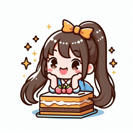 Illustration of a cute little girl celebrating her birthday with a cakeのイラスト素材