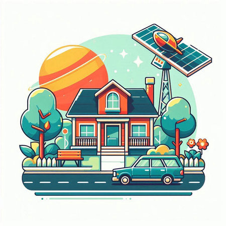 Solar panel, house and car on the street. Vector illustration.のイラスト素材