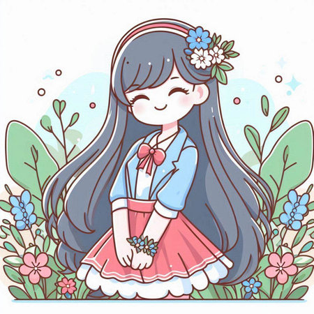 Cute little girl with flowers in her hair. Vector illustration.のイラスト素材