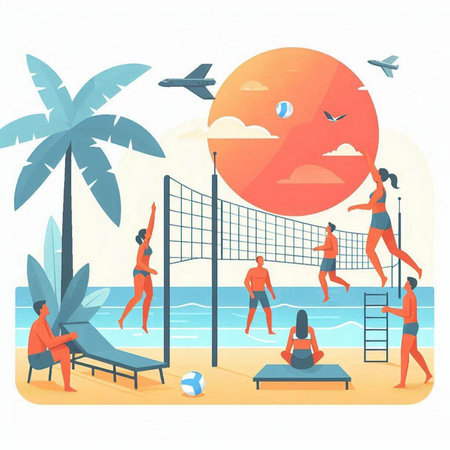Summer beach volleyball. People playing volleyball on the beach. Vector illustrationのイラスト素材