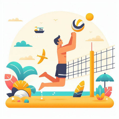 Man playing volleyball on the beach. Flat style design vector illustration.のイラスト素材