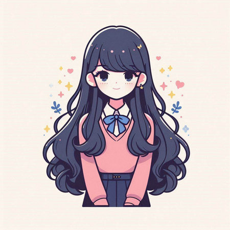 Cute little girl with long hair and bow tie. Vector illustration.のイラスト素材