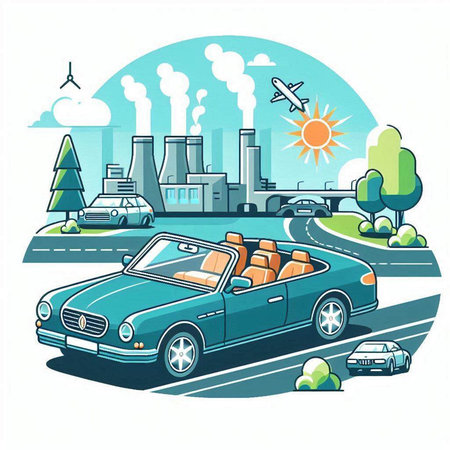 Car on the road with smoking chimneys. Vector illustration in flat styleのイラスト素材