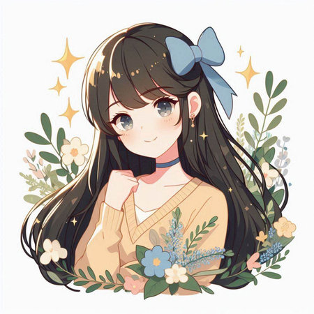 Cute girl with long hair and floral wreath. Vector illustration.のイラスト素材