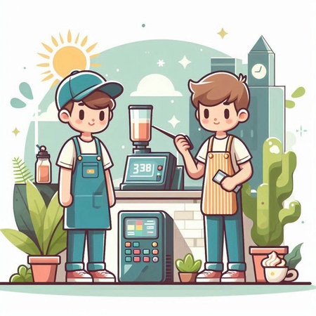 Cute cartoon boy and girl standing in front of coffee machine.のイラスト素材