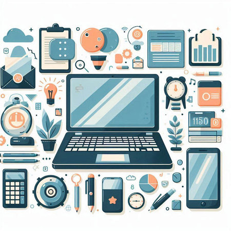 Vector illustration of laptop, smartphone, tablet, computer and other office supplies.のイラスト素材