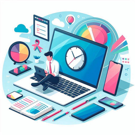 Workplace with laptop, mobile phone, tablet and notebook. Vector illustrationのイラスト素材