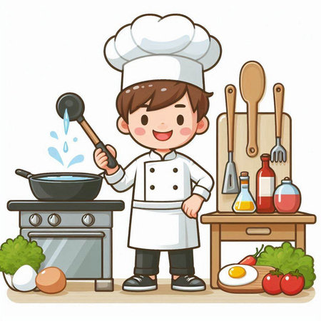 Chef cooking in kitchen with ladle and ladle vector illustrationのイラスト素材
