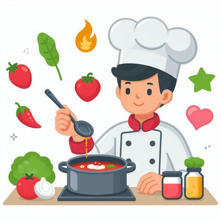 Chef cooking soup in the kitchen. Vector illustration in cartoon styleのイラスト素材